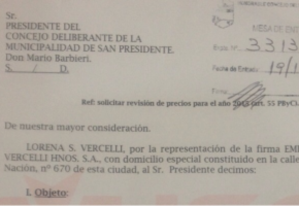 Vercelli pide revisi�n de las tarifas para el 2015