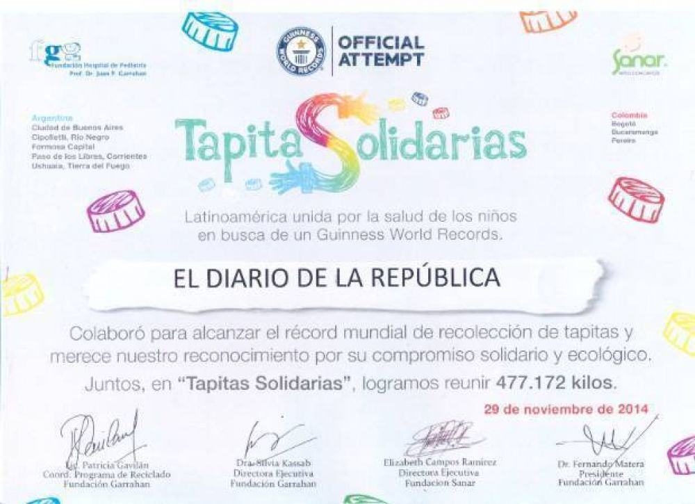 La Fundaci�n Garrahan reconoci� a El Diario por colaborar en la colecta �Tapitas Solidarias�