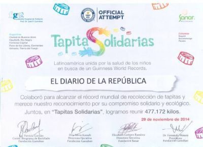 La Fundaci�n Garrahan reconoci� a El Diario por colaborar en la colecta �Tapitas Solidarias�