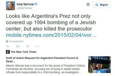 Cristina Kirchner les enviar� cartas a Mia Farrow y a Martina Navratilova para explicarles el caso Nisman