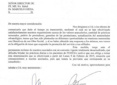 Femesa explic� que el C�rculo Odontol�gico decidi� dejar de prestarles servicio