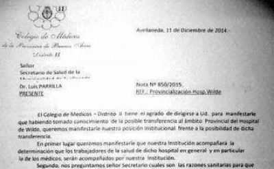 Duro comunicado del Colegio de M�dicos contra el traspaso del Wilde