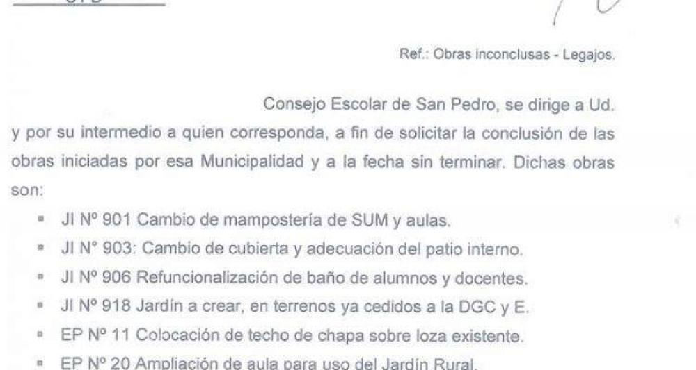 Consejo Escolar elev� nota al Intendente por �obras inconclusas comprometidas y a�n no finalizadas�