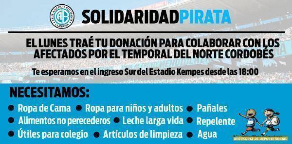 Belgrano recibir� ante Aldosivi m�s donaciones para Sierras Chicas
