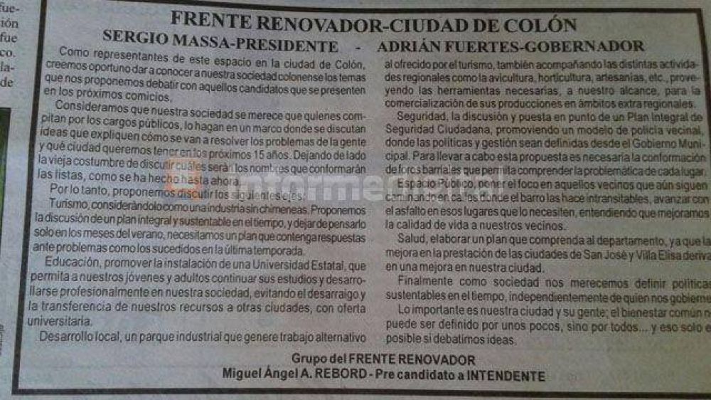 Col�n: un Rebord arregl� con Fuertes y disputar� la intendencia a su hermano