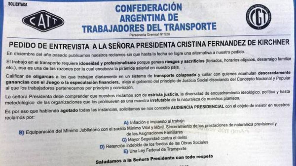 Con una solicitada, gremios del transporte le piden audiencia a Cristina