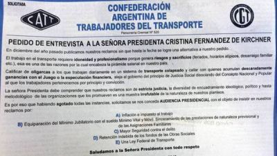 Con una solicitada, gremios del transporte le piden audiencia a Cristina