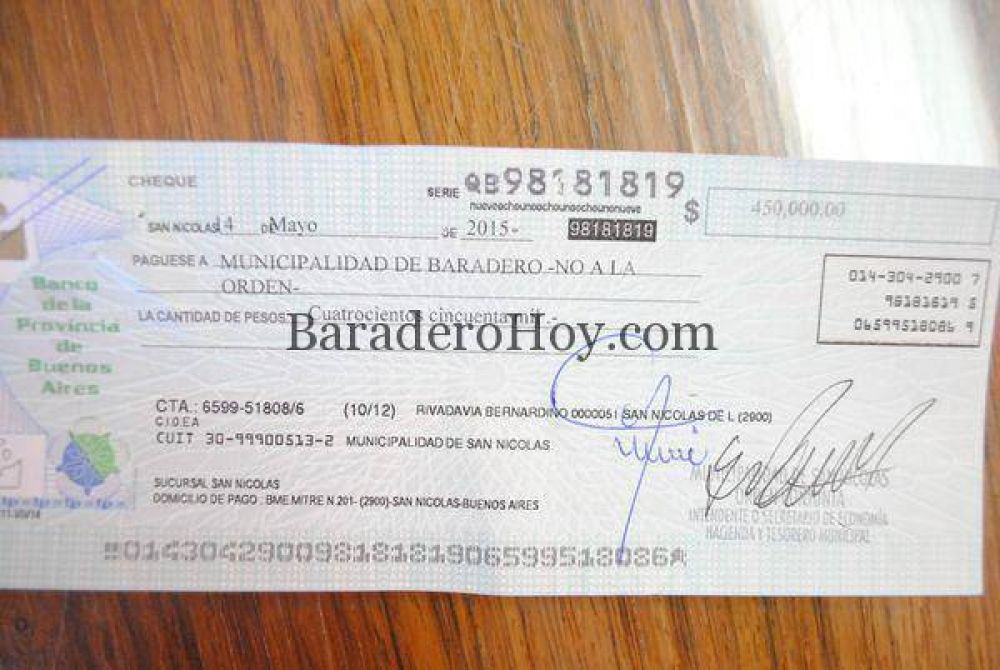 Baradero recibi� $ 450.000.- por coparticipaci�n de Conindelta.  