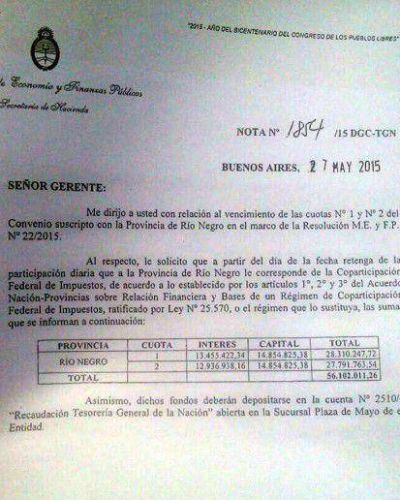 El Gobierno nacional descont� a R�o Negro la cuota del pago de la deuda de abril y mayo