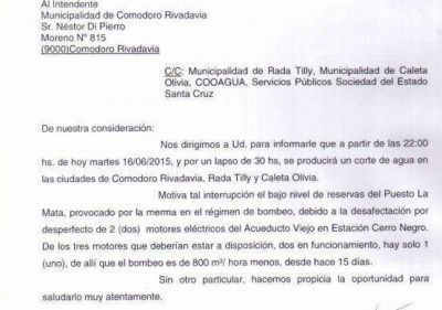 Caleta Olivia estar� sin agua por 30 horas desde esta noche