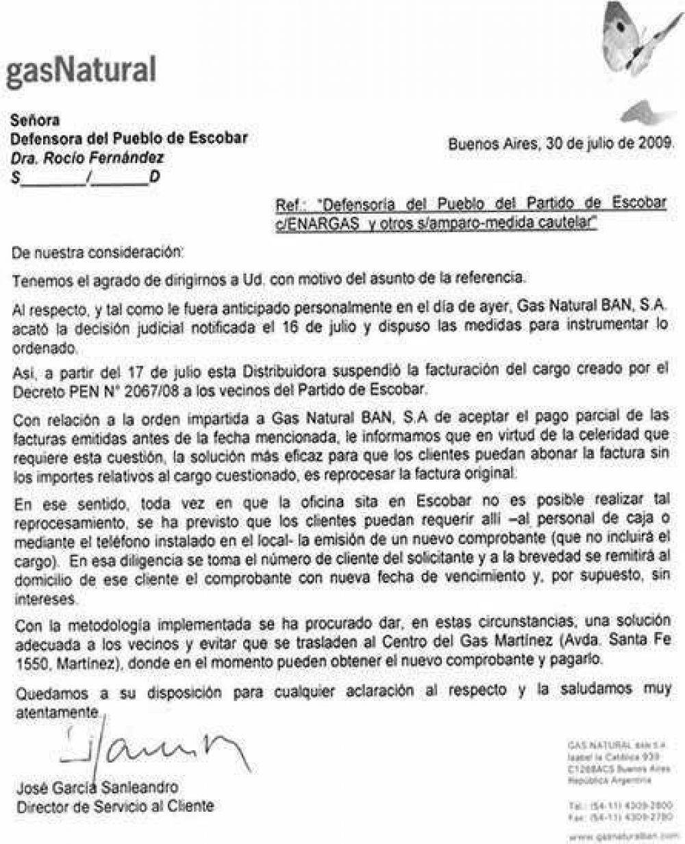 Gas Ban comienza a realizar el cobro m�nino acatando el fallo de la justicia federal local