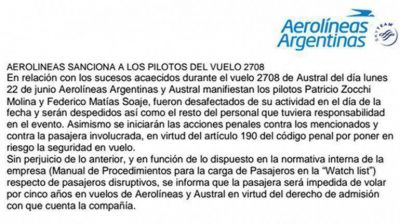 Aerol�neas anunci� que despedir� a los pilotos del vuelo del esc�ndalo