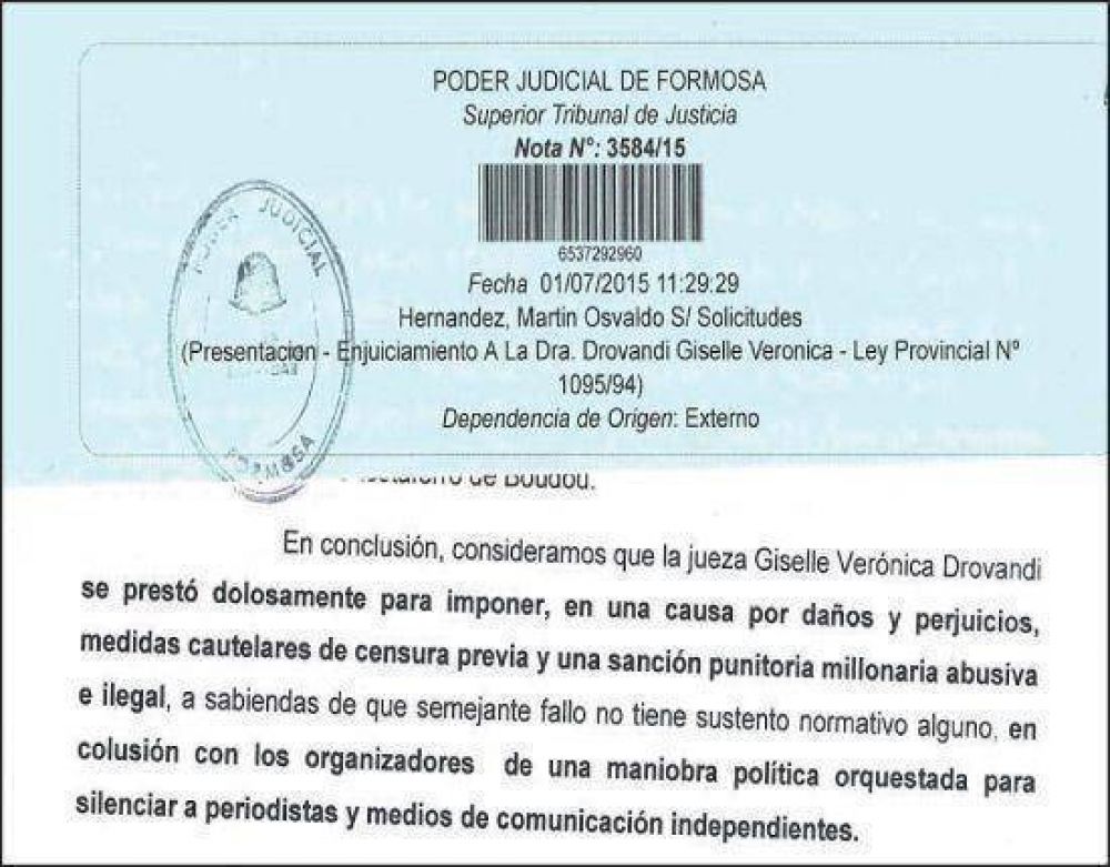 Piden enjuiciamiento de la jueza Drovandi por mal desempe�o