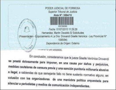 Piden enjuiciamiento de la jueza Drovandi por mal desempe�o