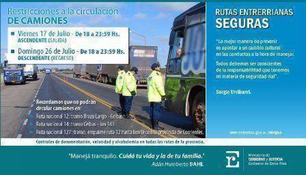 Este viernes habr� restricci�n vehicular de camiones en rutas entrerrianas 