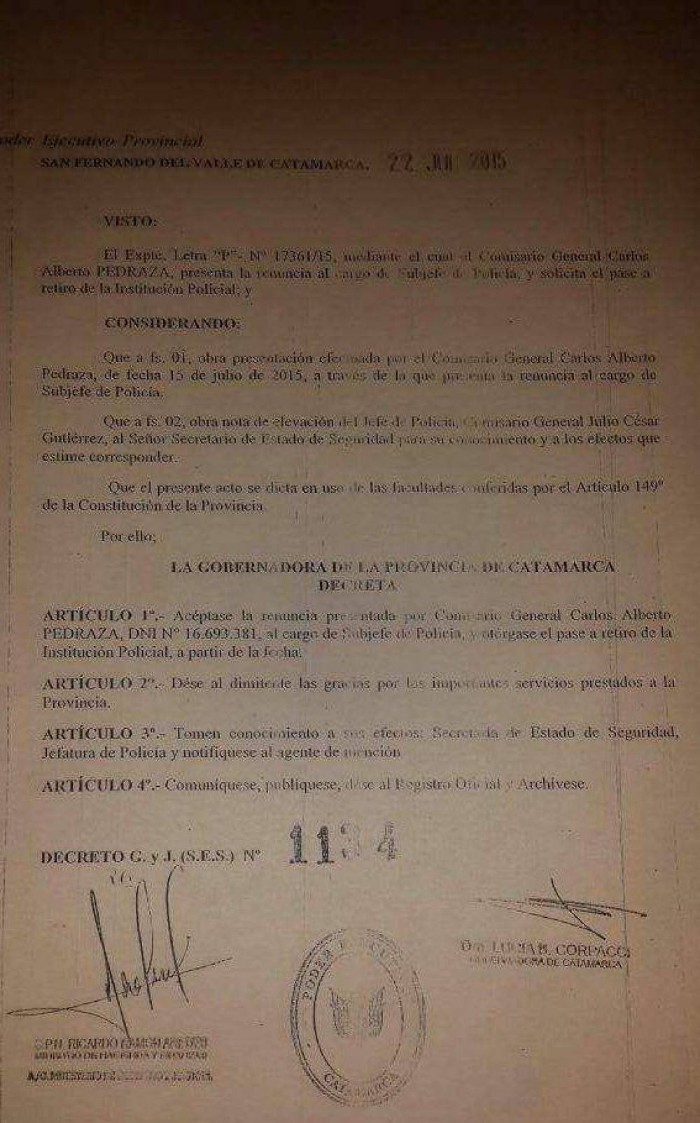 Aceptaron la renuncia del Sub Jefe de Polic�a de la Provincia