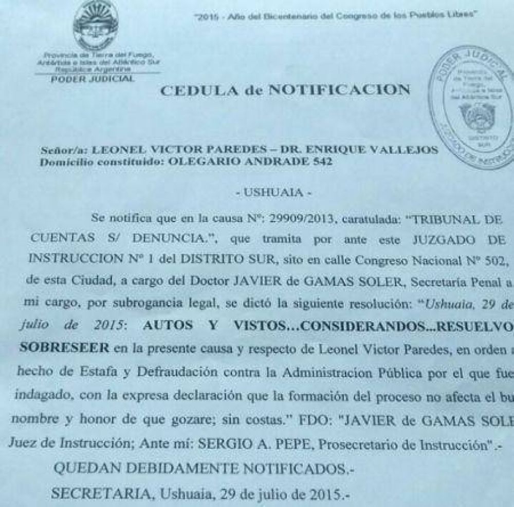 Victor Paredes fue sobrese�do en la causa por presunto perjuicio fiscal