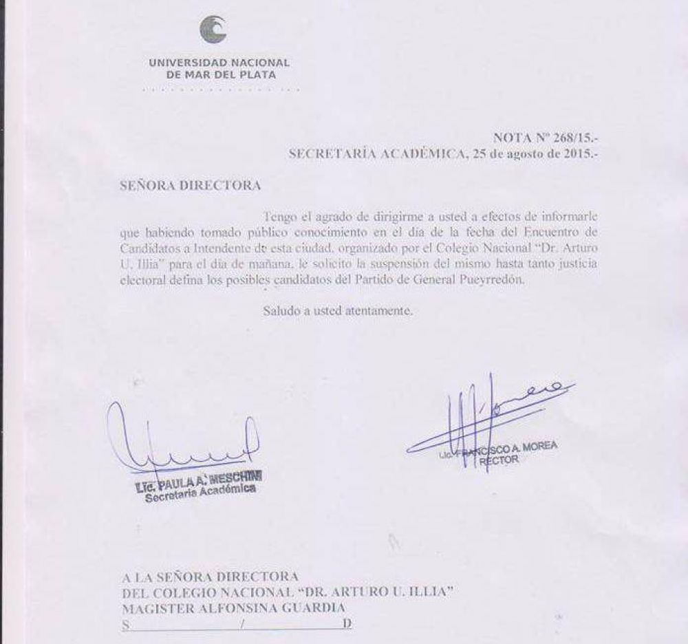 El rector Morea orden suspender el debate que se iba a realizar en el Colegio Illia