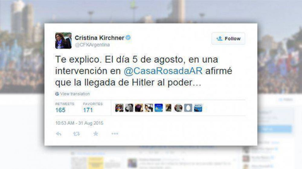 Con cr�ticas a un acad�mico, Cristina Kirchner defendi� su teor�a sobre el ascenso de Hitler al poder
