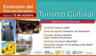 Se extendi� una semana la inscripci�n para la Tecnicatura Universitaria en Turismo Cultural