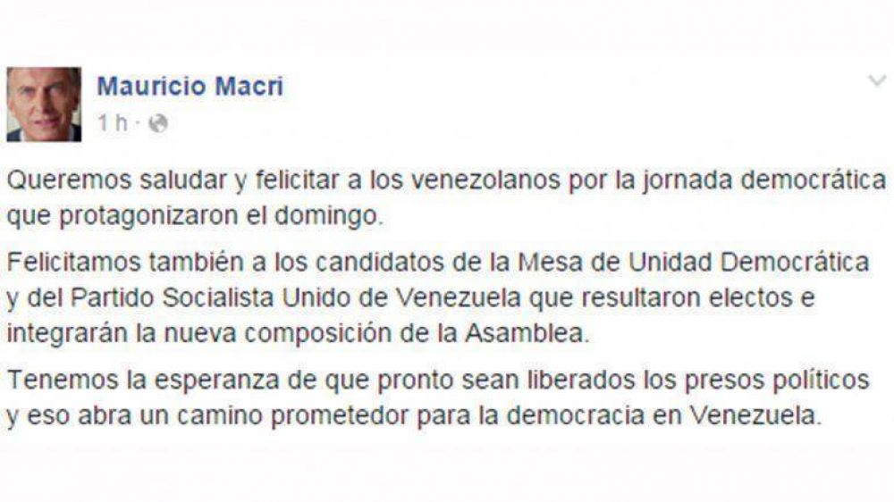 Mauricio Macri felicit� a los venezolanos y pidi� por la pronta liberaci�n de los presos pol�ticos