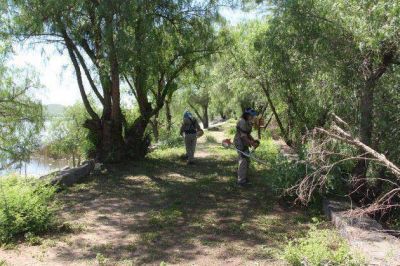 Cuadrillas de San Luis Agua limpian el peridique de Cruz de Piedra