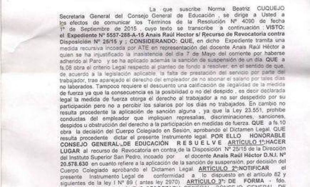Resoluci�n del Consejo de Educaci�n anul� sanci�n a un docente por hacer paro