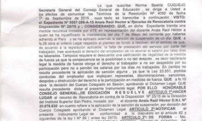 Resoluci�n del Consejo de Educaci�n anul� sanci�n a un docente por hacer paro