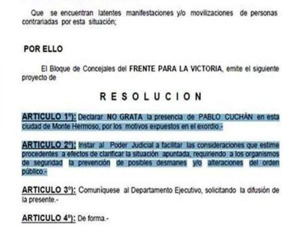 Monte Hermoso: declaran persona no grata a Cuch�n