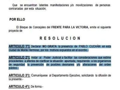 Monte Hermoso: declaran persona no grata a Cuch�n