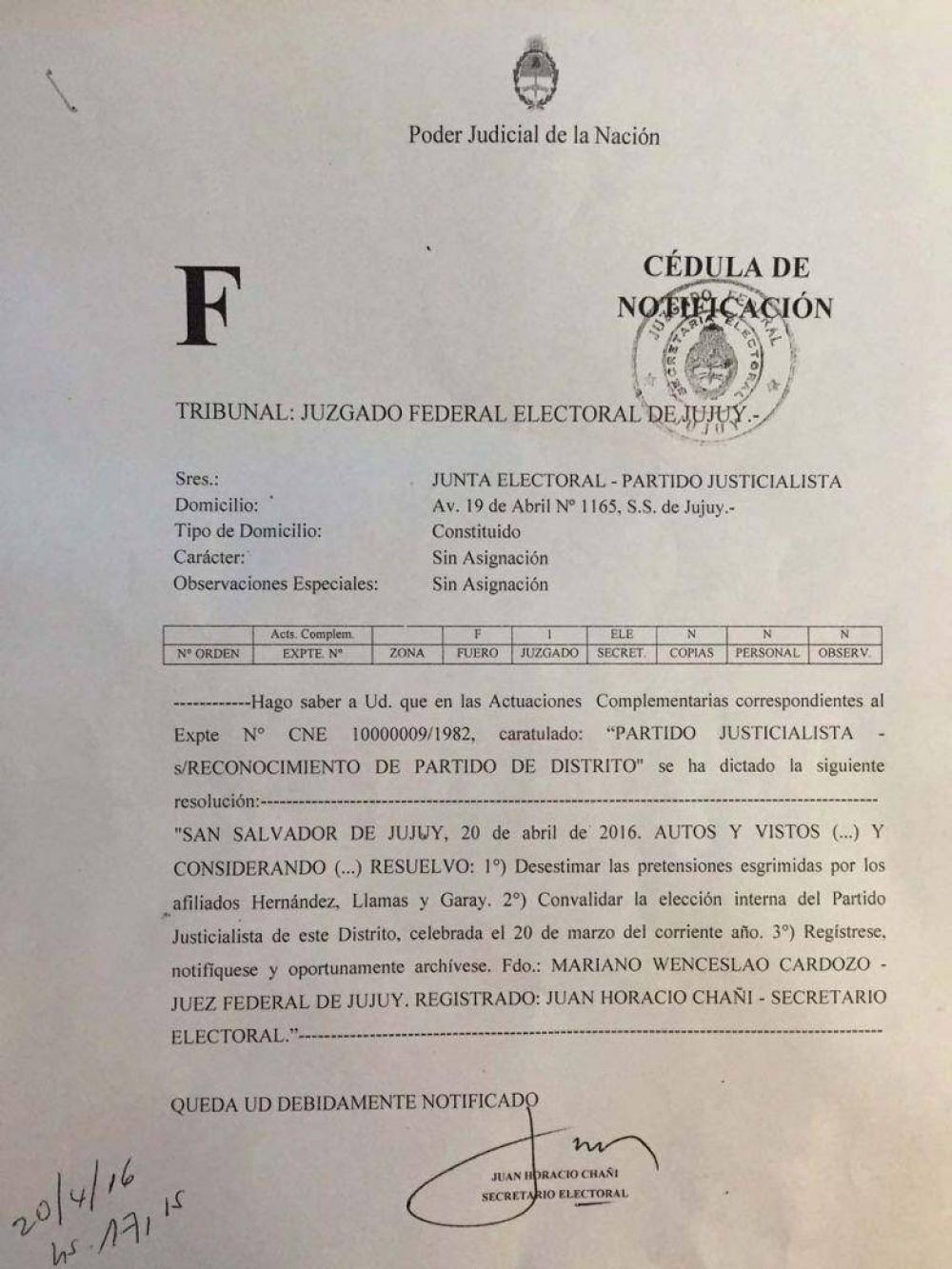 LA JUSTICIA FEDERAL ELECTORAL DE JUJUY AVAL� LAS ELECCIONES INTERNAS DEL PJ
