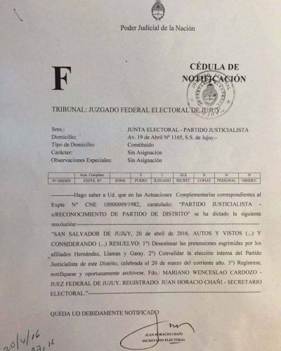LA JUSTICIA FEDERAL ELECTORAL DE JUJUY AVAL� LAS ELECCIONES INTERNAS DEL PJ