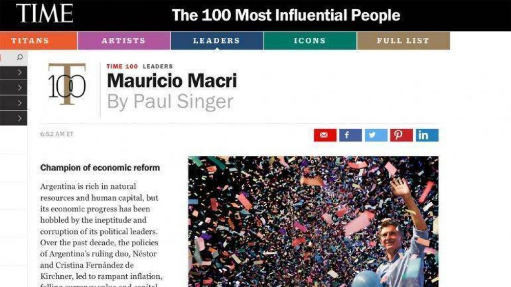Mauricio Macri fue elegido entre las 100 personas ms influyentes del mundo