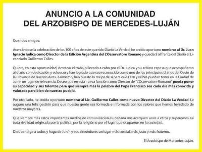Comunicado del Arzobispado Mercedes-Luj�n