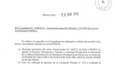 Olivos: hubo m�s obras por $ 20 millones; Macri par� otros 40 millones