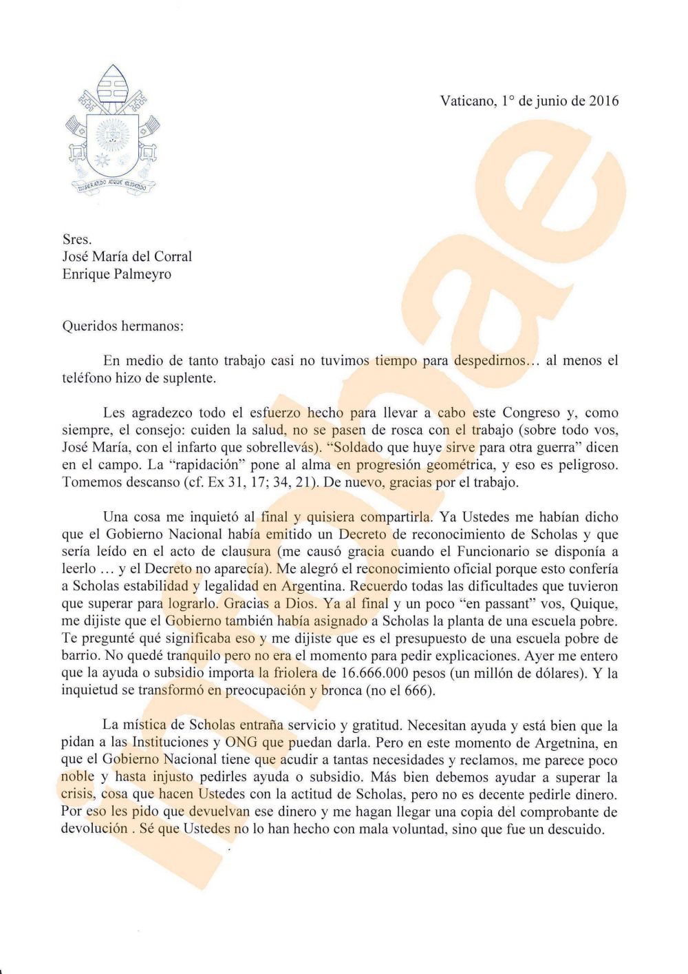 Exclusivo: la carta completa del papa Francisco a Scholas Occurrentes