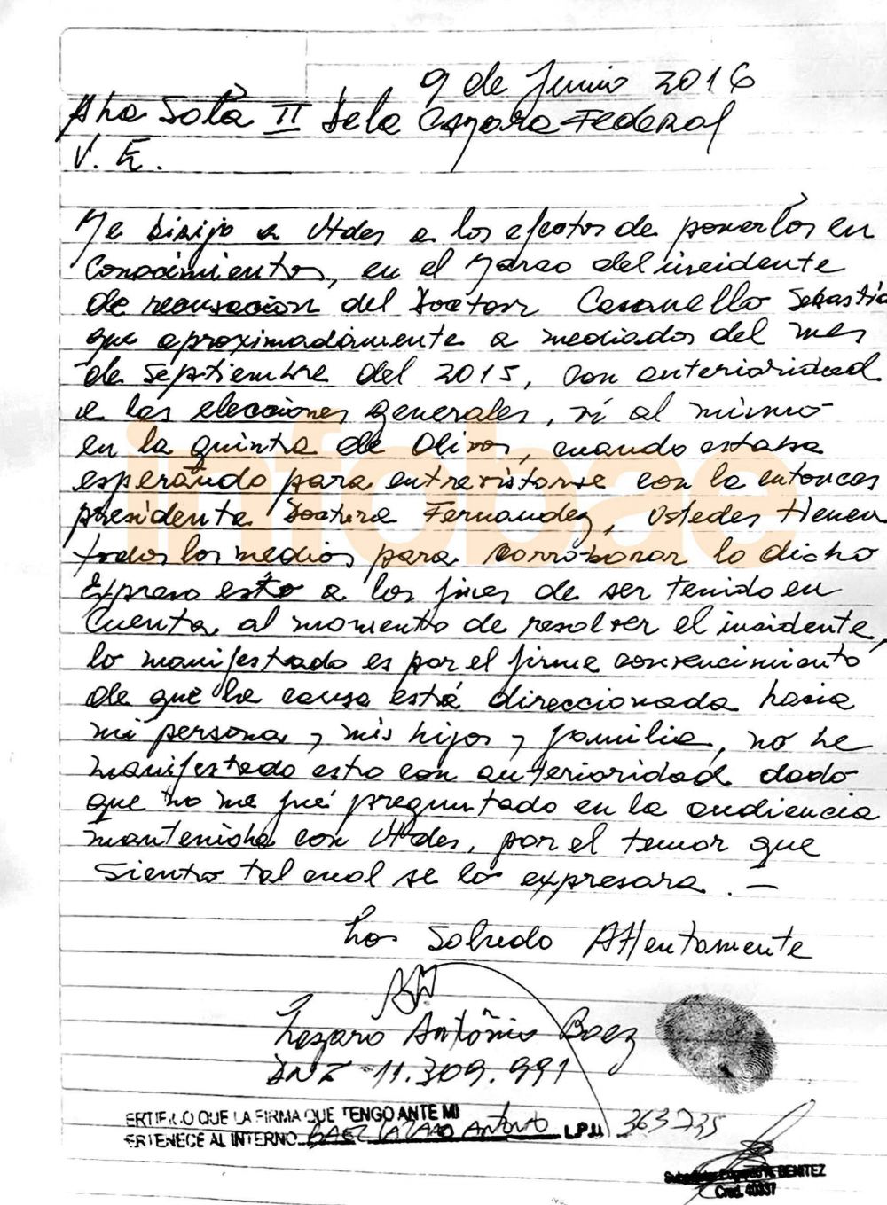 Exclusivo: la carta donde L�zaro B�ez cont� la visita de Sebasti�n Casanello a Cristina Kirchner
