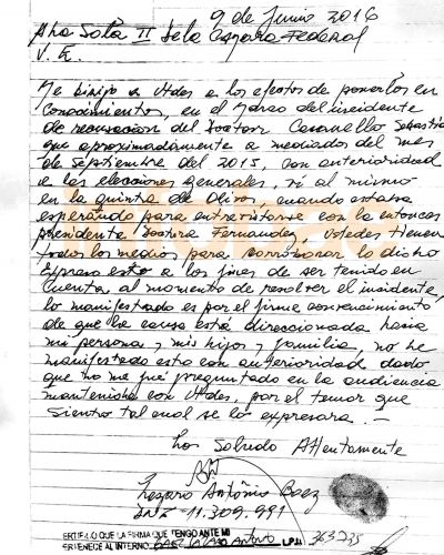 Exclusivo: la carta donde L�zaro B�ez cont� la visita de Sebasti�n Casanello a Cristina Kirchner