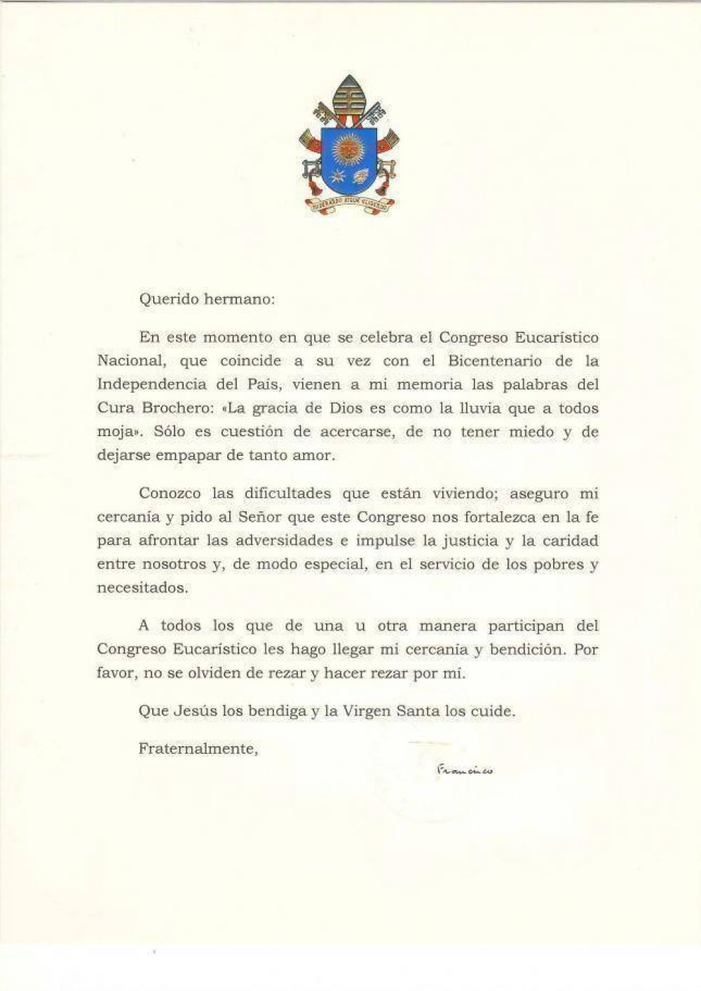 Carta del Papa Francisco con ocasión del Congreso Eucarístico
