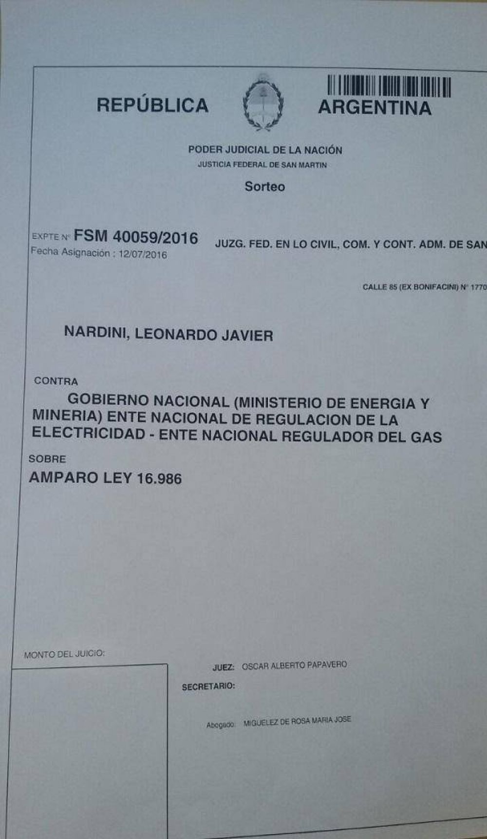 Nardini present� un amparo ante el aumento de las tarifas de luz y gas