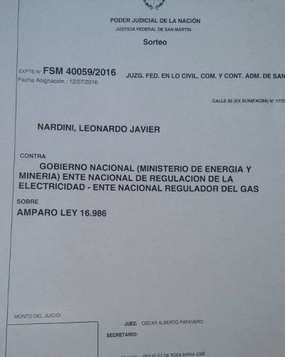 Nardini present� un amparo ante el aumento de las tarifas de luz y gas