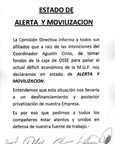 Trabajadores de Osse se declaran en alerta y le apuntan a Cinto