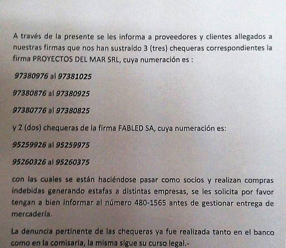 Usan cheques robados a una empresa del puerto para realizar estafas en la ciudad y la zona