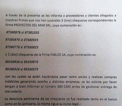 Usan cheques robados a una empresa del puerto para realizar estafas en la ciudad y la zona