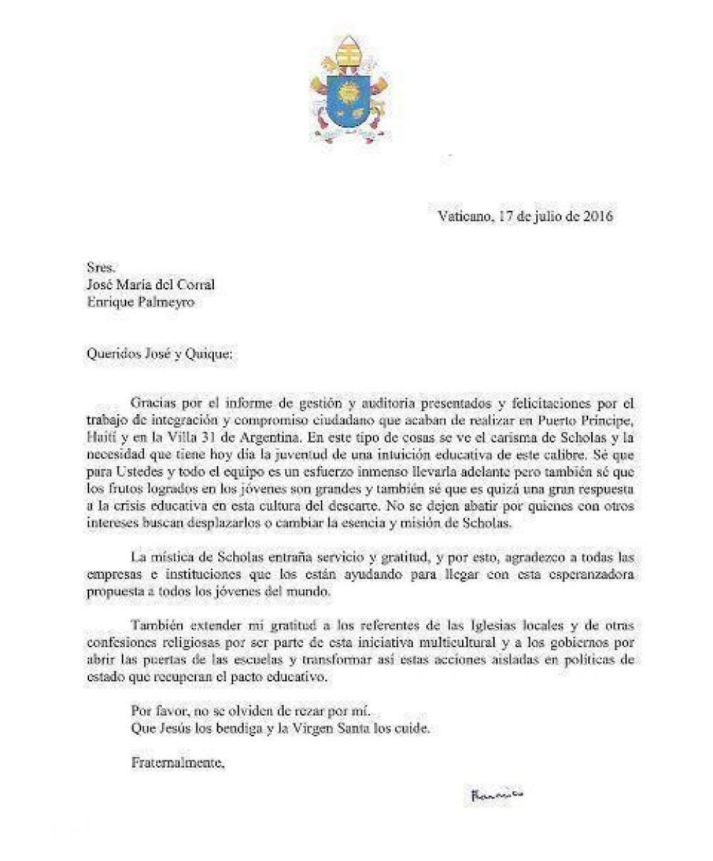 Carta del Papa a los directores de Scholas