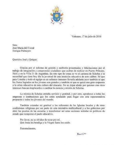 Carta del Papa a los directores de Scholas