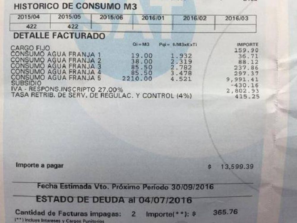 Las boletas de Sociedad Aguas del Tucuman con aumentos del 1000% 