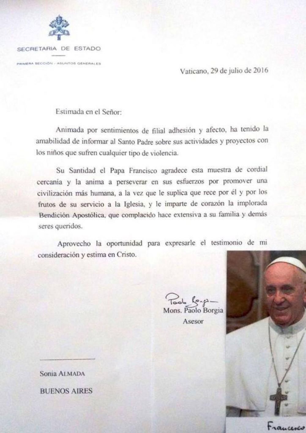 La carta del papa Francisco a una entidad argentina que lucha contra el maltrato infantil