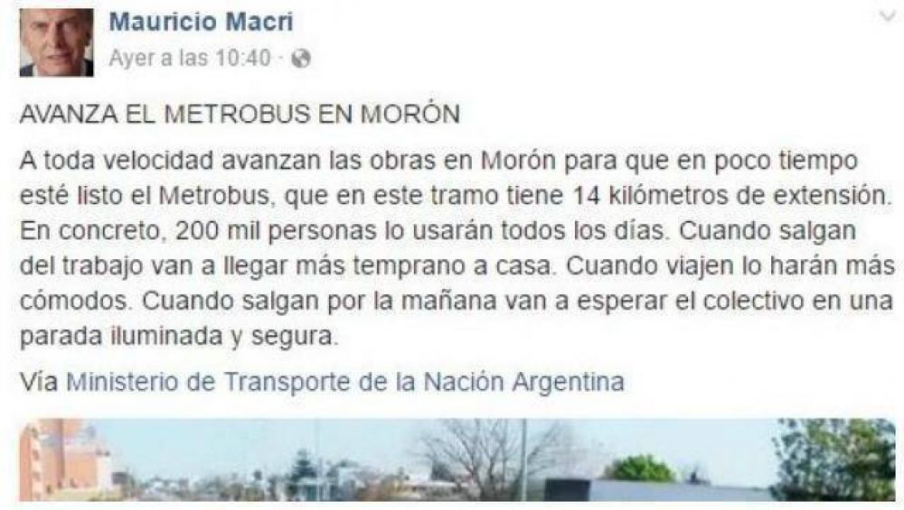 Macri sali� a publicitar la obra del Metrobus moronense
