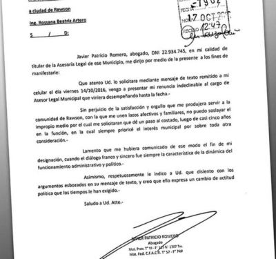 Rawson: el asesor legal que Artero ech� por WhatsApp se fue enojado y con cr�ticas